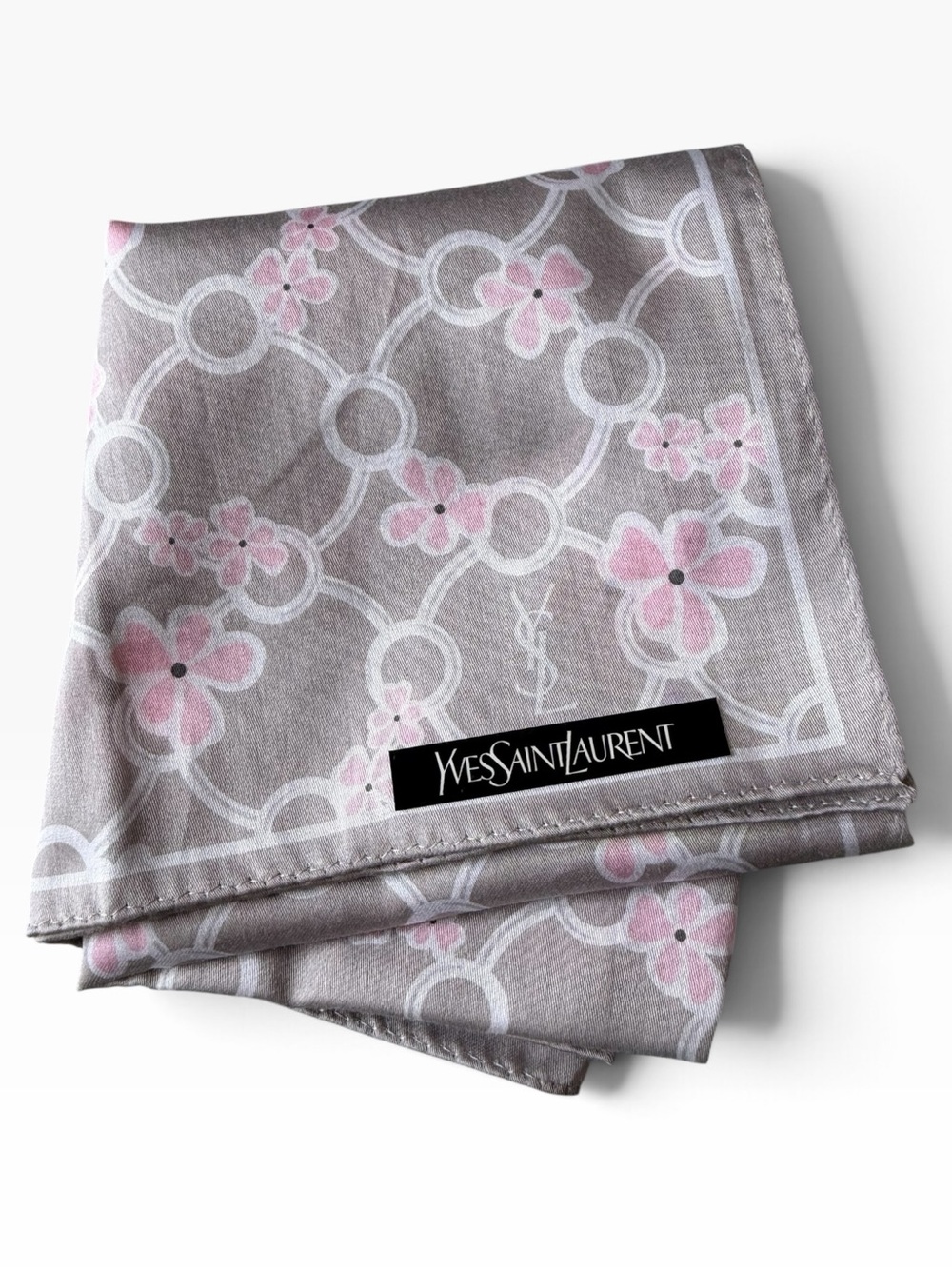 YSL Yves Saint Laurent Pink & Gray Floral Logo Cotton Scarf NWT